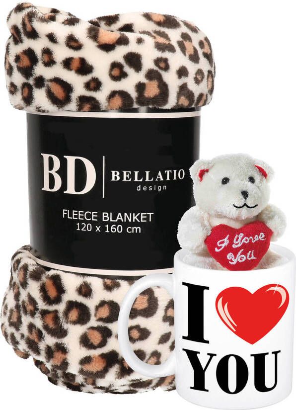 Bellatio Design Valentijn cadeau set Fleece plaid deken luipaard print met I love you mok en beertje Plaids