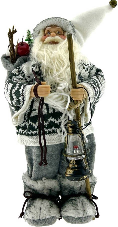 Benza Luxe Afgewerkte Kerst Decoratie Kerstman Staand Wit Grijs 30cm