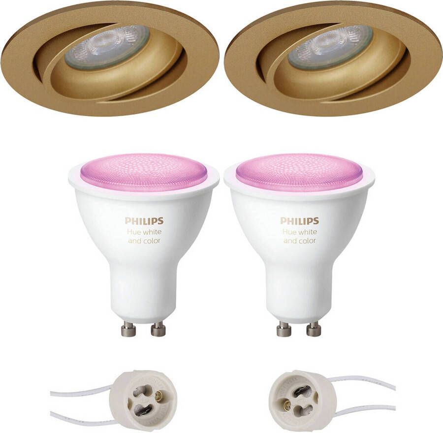 BES LED Pragmi Delton Pro Inbouw Rond Mat Goud Kantelbaar Ø82mm Philips Hue LED Spot Set GU10 White Ambiance