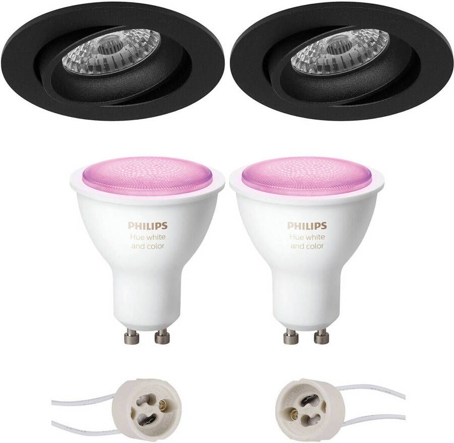 BES LED Pragmi Delton Pro Inbouw Rond Mat Zwart Kantelbaar Ø82mm Philips Hue LED Spot Set GU10 White Ambiance