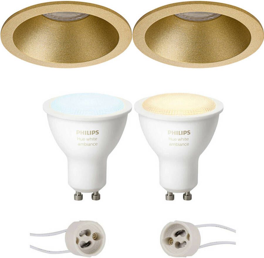 BES LED Pragmi Pollon Pro Inbouw Rond Mat Goud Verdiept Ø82mm Philips Hue LED Spot Set GU10 White Ambiance