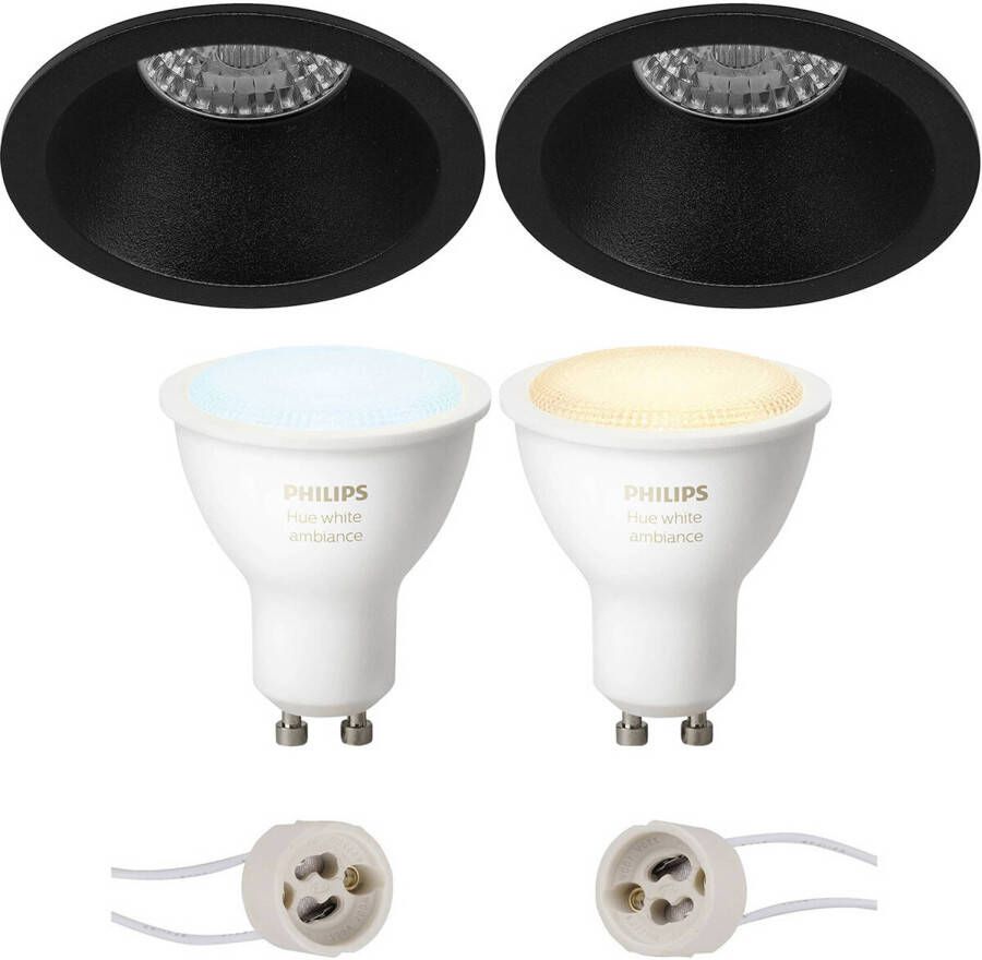 BES LED Pragmi Pollon Pro Inbouw Rond Mat Zwart Verdiept Ø82mm Philips Hue LED Spot Set GU10 White Ambiance