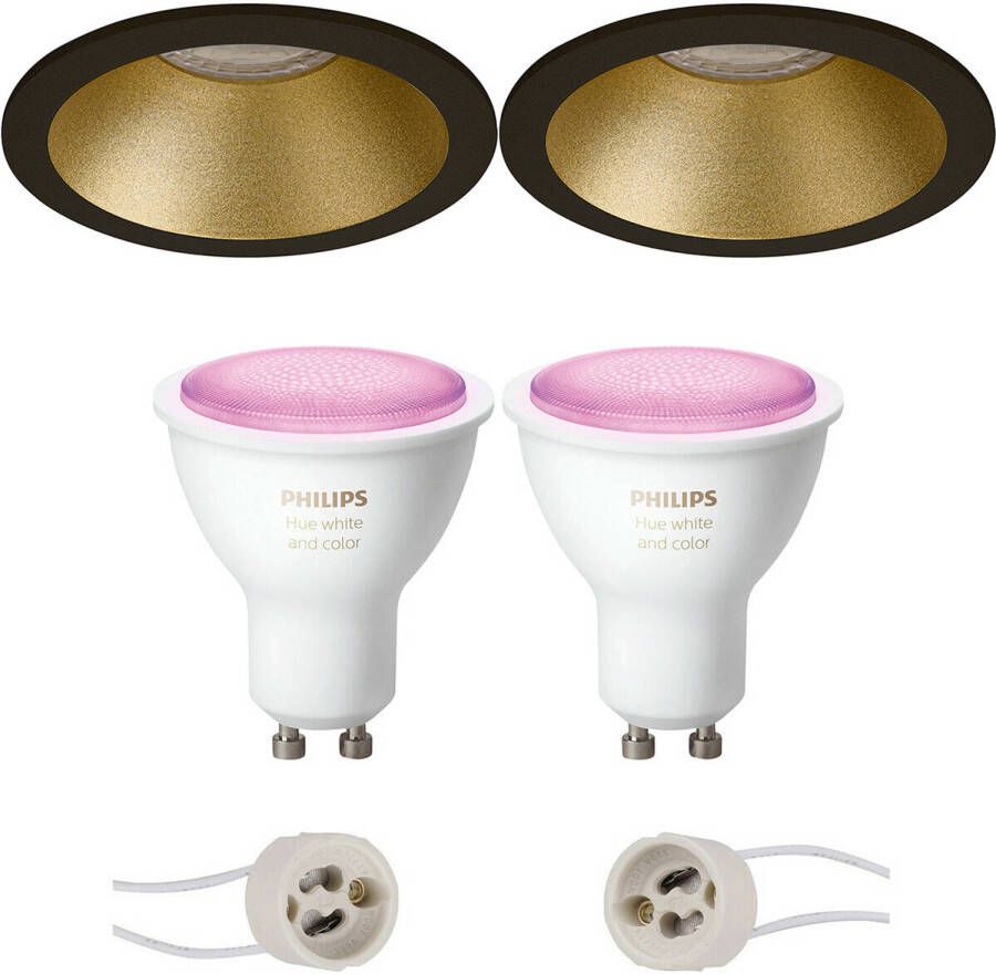 BES LED Pragmi Pollon Pro Inbouw Rond Mat Zwart Goud Verdiept Ø82mm Philips Hue LED Spot Set GU10 White Ambiance