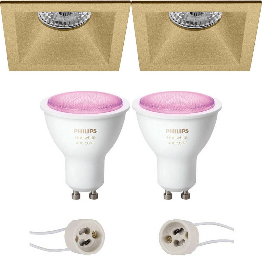 BES LED Pragmi Pollon Pro Inbouw Vierkant Mat Goud Verdiept 82mm Philips Hue LED Spot Set GU10 White and Color