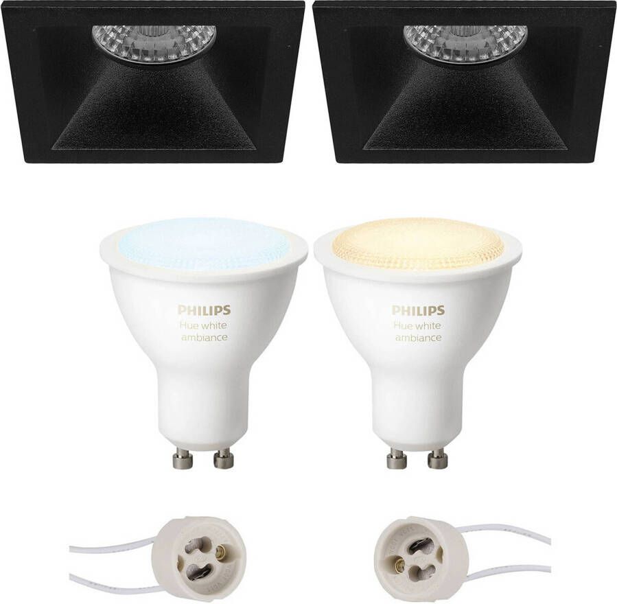 BES LED Pragmi Pollon Pro Inbouw Vierkant Mat Zwart Verdiept 82mm Philips Hue LED Spot Set GU10 White and Color