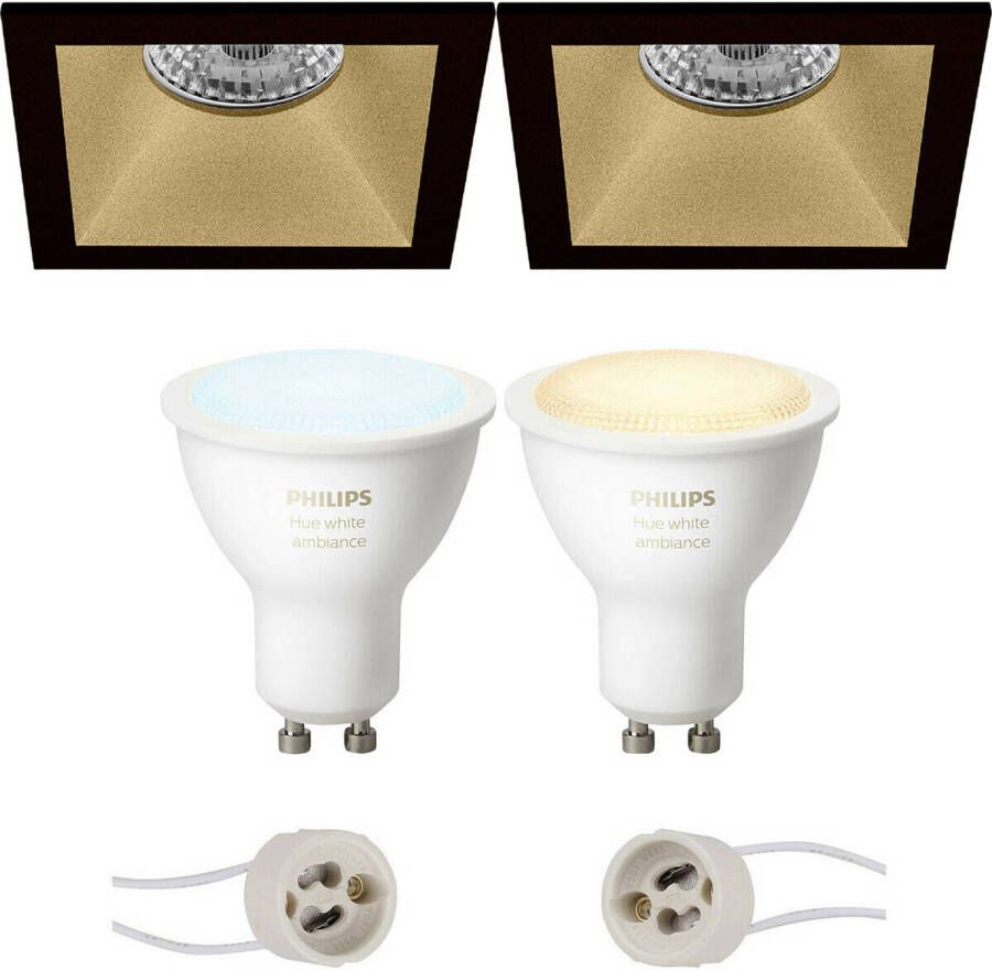 BES LED Pragmi Pollon Pro Inbouw Vierkant Mat Zwart Goud Verdiept 82mm Philips Hue LED Spot Set GU10 White