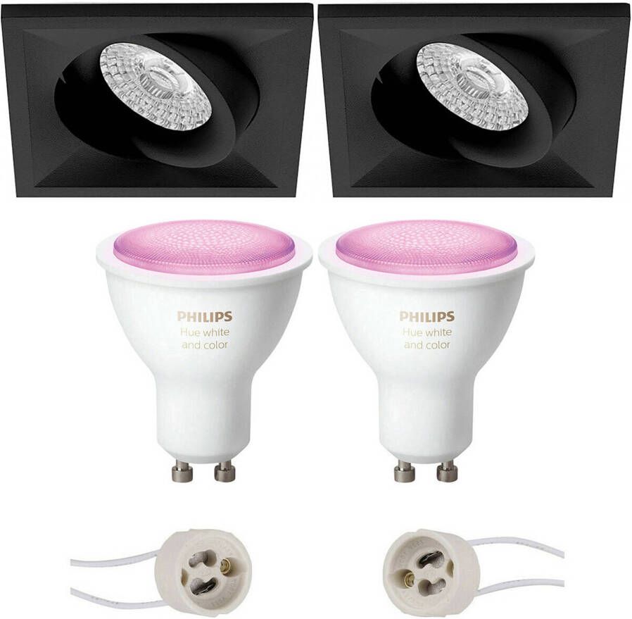 BES LED Pragmi Qiundo Pro Inbouw Vierkant Mat Zwart Kantelbaar 80mm Philips Hue LED Spot Set GU10 White Ambiance