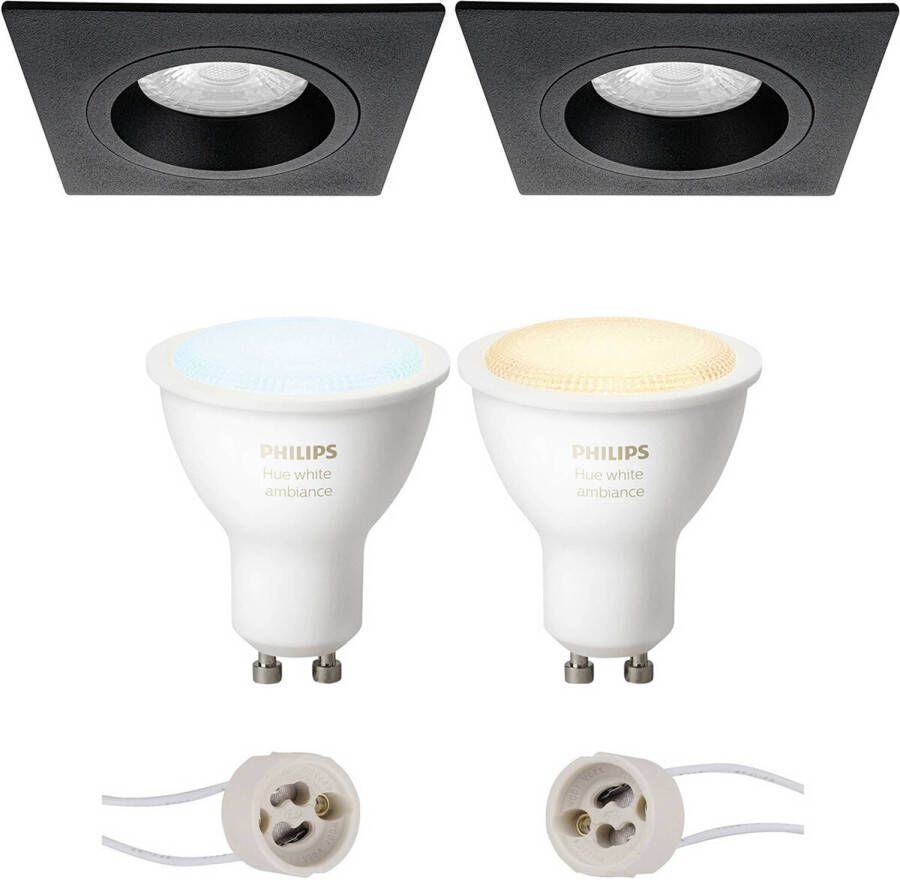 BES LED Pragmi Rodos Pro Inbouw Vierkant Mat Zwart 93mm Philips Hue LED Spot Set GU10 White Ambiance Bluetooth