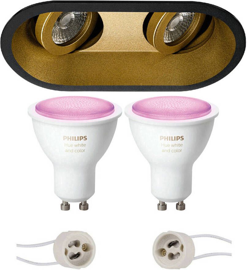 BES LED Pragmi Zano Pro Inbouw Ovaal Dubbel Mat Zwart Goud Kantelbaar 185x93mm Philips Hue LED Spot Set GU10 White