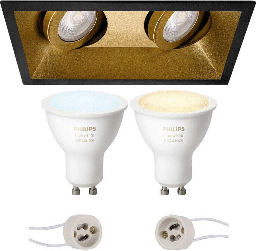 BES LED Pragmi Zano Pro Inbouw Rechthoek Dubbel Mat Zwart Goud Kantelbaar 185x93mm Philips Hue LED Spot Set GU10