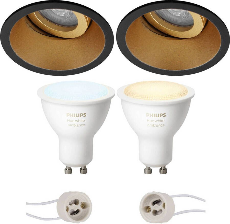 BES LED Pragmi Zano Pro Inbouw Rond Mat Zwart Goud Kantelbaar Ø93mm Philips Hue LED Spot Set GU10 White Ambiance