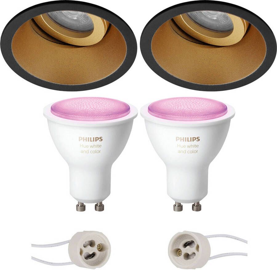 BES LED Pragmi Zano Pro Inbouw Rond Mat Zwart Goud Kantelbaar Ø93mm Philips Hue LED Spot Set GU10 White and Color