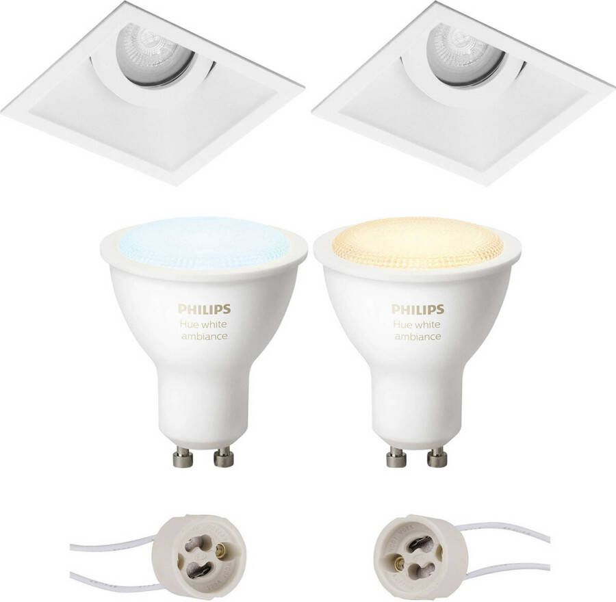 BES LED Pragmi Zano Pro Inbouw Vierkant Mat Wit Kantelbaar 93mm Philips Hue LED Spot Set GU10 White Ambiance