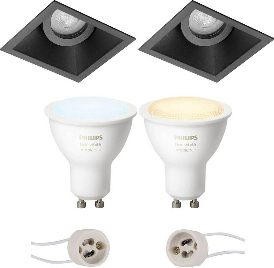 BES LED Pragmi Zano Pro Inbouw Vierkant Mat Zwart Kantelbaar 93mm Philips Hue LED Spot Set GU10 White and Color