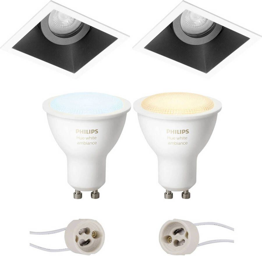 BES LED Pragmi Zano Pro Inbouw Vierkant Mat Zwart Wit Kantelbaar 93mm Philips Hue LED Spot Set GU10 White Ambiance