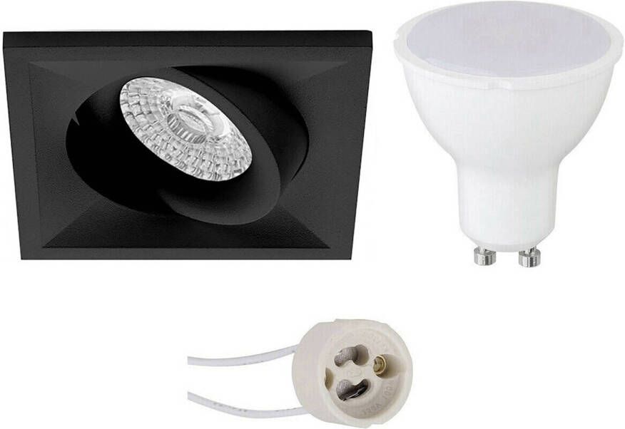 BES LED Spot Set Pragmi Qiundo Pro GU10 Fitting Dimbaar Inbouw Vierkant Mat Zwart 6W Helder Koud Wit 6400K