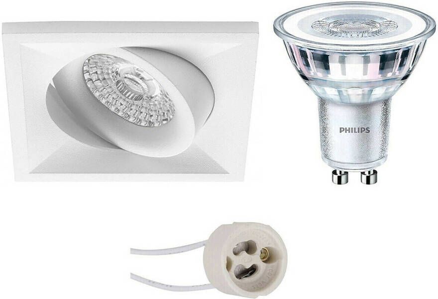 BES LED Spot Set Pragmi Qiundo Pro GU10 Fitting Inbouw Vierkant Mat Wit Kantelbaar 80mm Philips CorePro 827