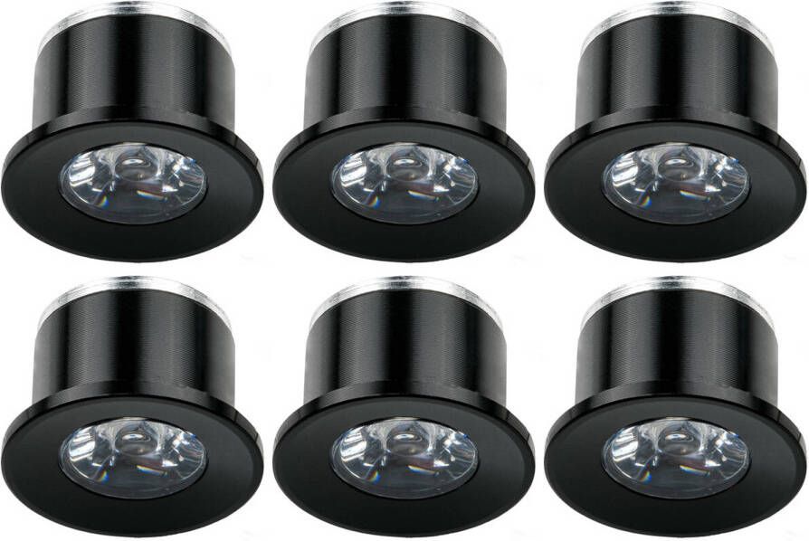 Velvalux LED Veranda Spot Verlichting 6 Pack 1W Warm Wit 3000K Inbouw Rond Mat Zwart Aluminium Ø31mm