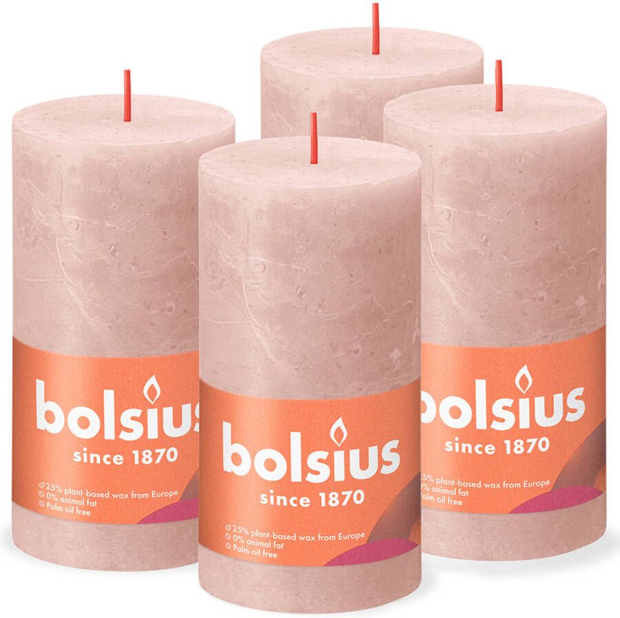 Bolsius 4 rustieke kaarsen lichtroze 13cm