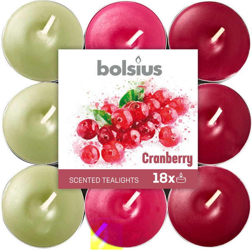 Bolsius geurkaarsen theelicht Cranberry rood wit 18 stuks