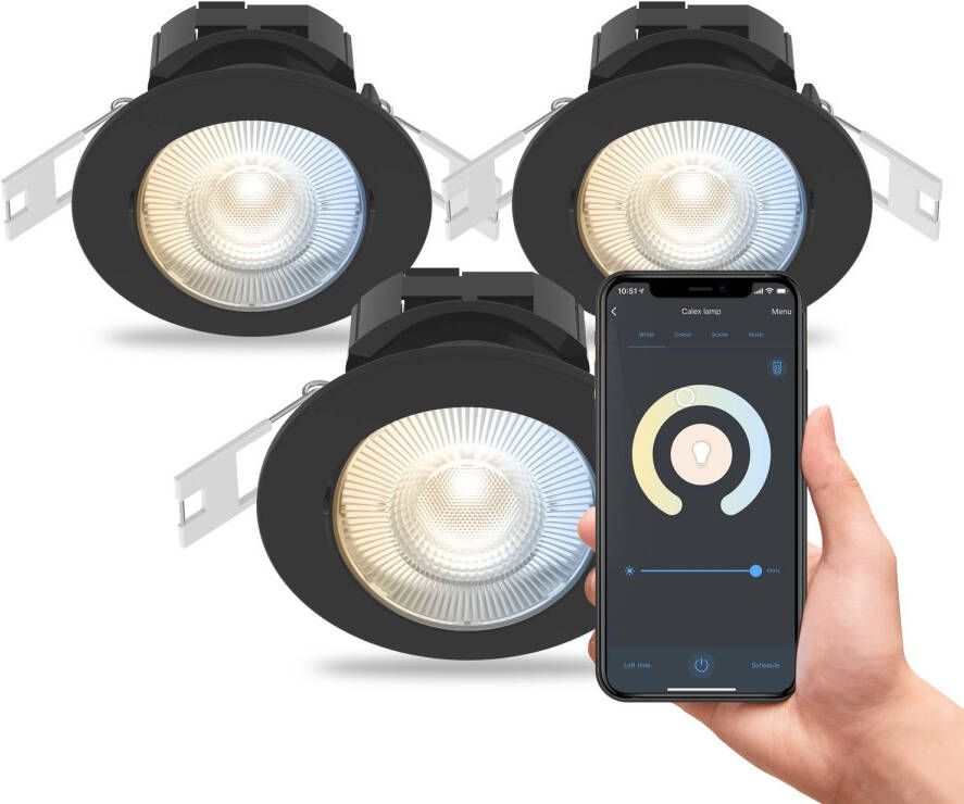 Calex Slimme Inbouwspot Set van 3 stuks Smart LED Downlight Dimbaar Kantelbaar Warm Wit Licht Zwart