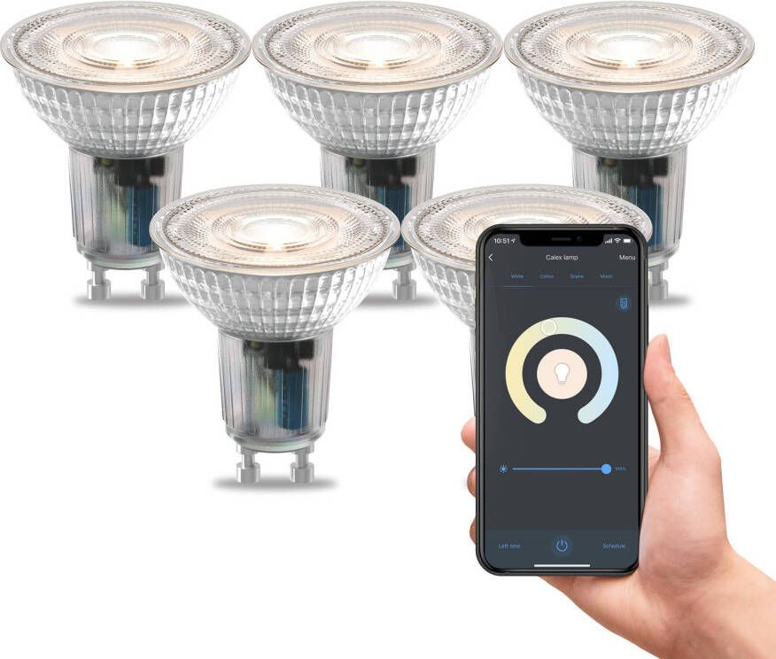 Calex Slimme Lamp Set van 5 stuks Wifi LED Verlichting GU10 Smart Lichtbron Dimbaar Warm Wit licht 4.9W
