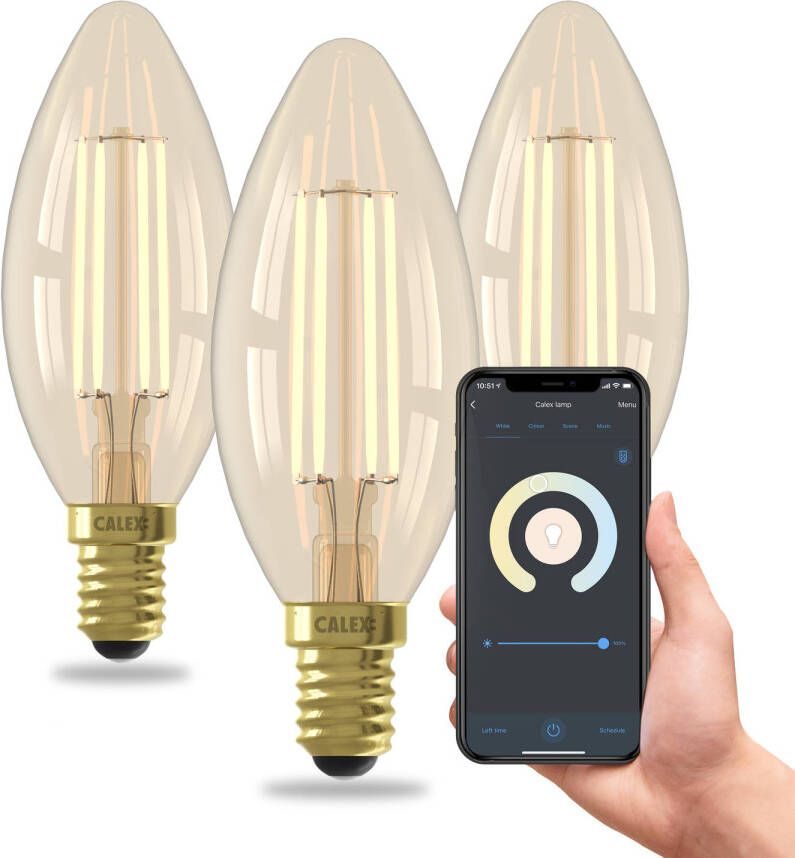 Calex Slimme LED Lamp 3 stuks Filament B35 Goud E27 4.9W CCT
