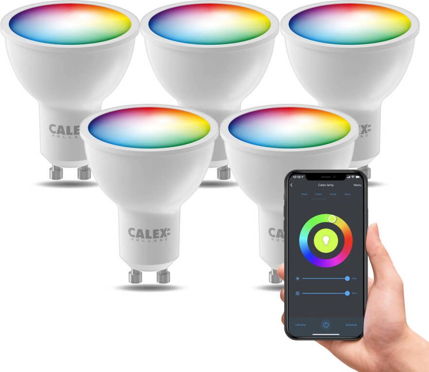 Calex Slimme Lamp Set van 5 stuks Wifi LED Verlichting GU10 Smart Lichtbron Dimbaar RGB en Warm Wit 4.9W