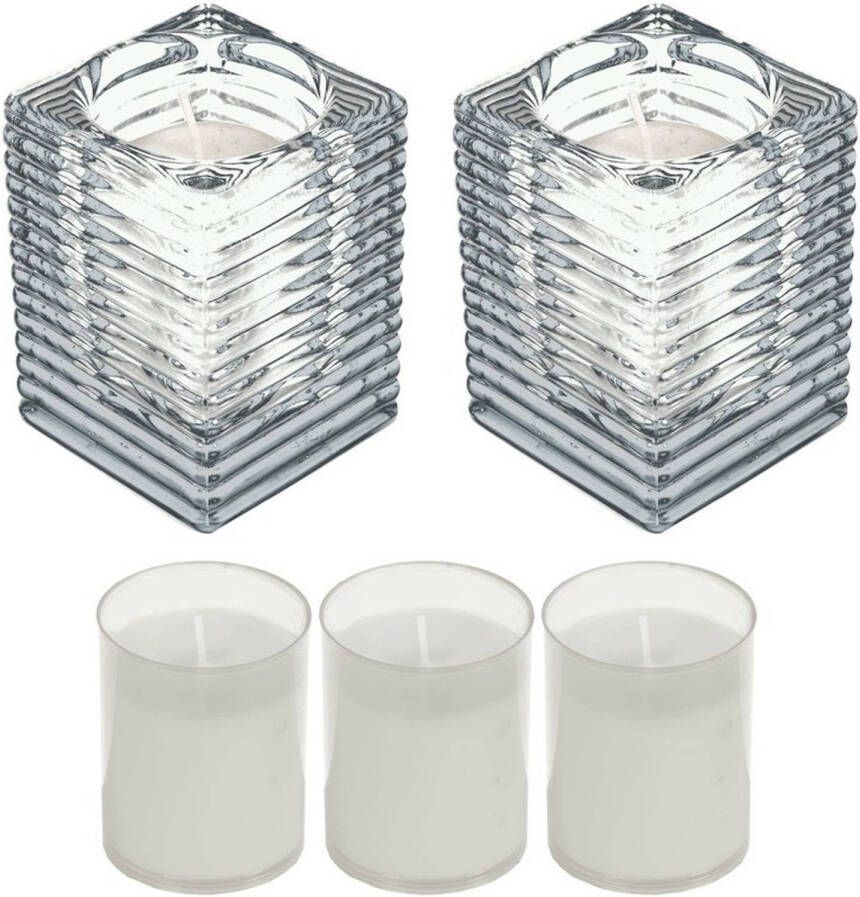 Candles by Spaas 2x Transparante glazen kaarsenhouders met kaars en 3x navullingen 7 x 10 cm 24 branduren Geurloze kaarsen Woondecoraties Stompkaarsen