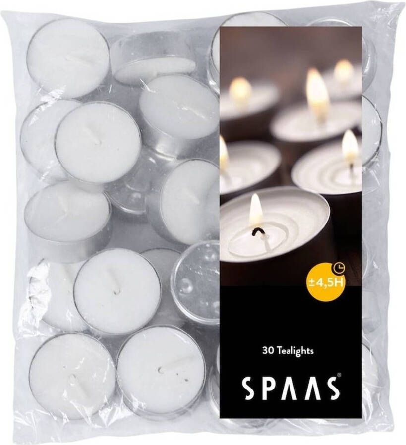 Candles by Spaas 30x Witte theelichtjes waxinelichtjes 4 5 branduren in zak Geurloze kaarsen Waxinelichtjes