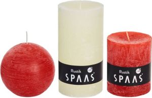 Candles by Spaas 3x Ivoorwitte rode rustieke cilinderkaarsen stompkaarsen en bolkaars set 5 x 8 cm 7 x 8 cm 7 x 13 cm Geurloze kaarsen cremewit rood Woondecoraties Stompkaarsen