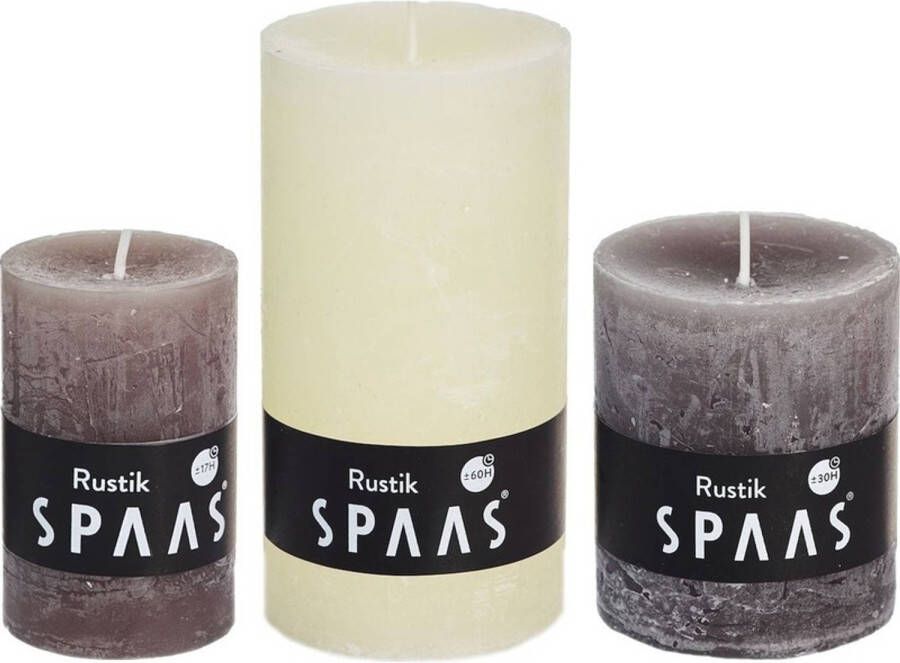 Candles by Spaas 3x Ivoorwitte taupe rustieke cilinderkaarsen stompkaarsen set Stompkaarsen