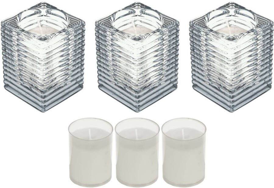 Candles by Spaas 3x Kaarsen wit in kaarsenhouders met 3 navullingen 7 x 10 cm 24 branduren sfeerkaarsen Stompkaarsen