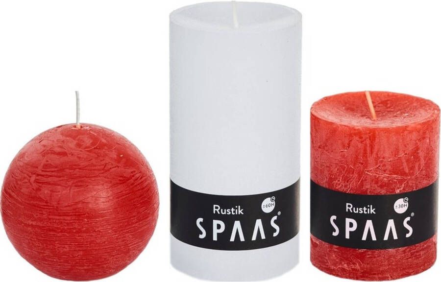 Candles by Spaas 3x Witte rode rustieke stompkaarsen en bolkaars set Stompkaarsen