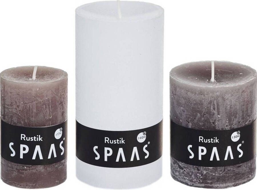 Candles by Spaas 3x Witte taupe rustieke cilinderkaarsen stompkaarsen set Stompkaarsen