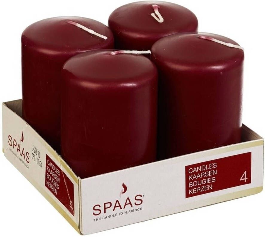 Candles by Spaas 4x stuks Bordeaux rode cilinderkaarsen stompkaarsen 5 x 8 cm 12 branduren Geurloze kaarsen Stompkaarsen