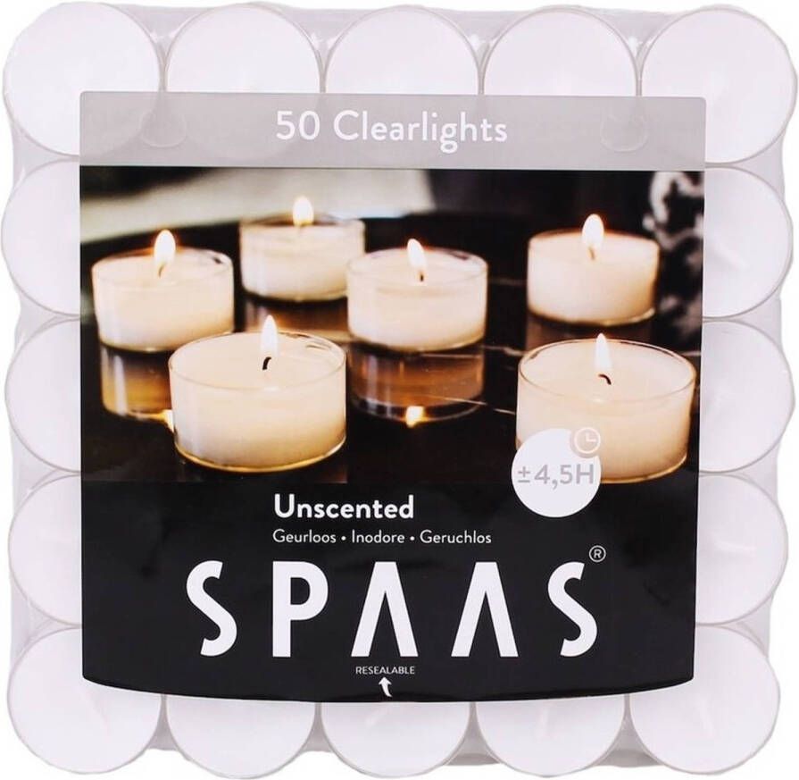 Candles by Spaas 50x Clearlights witte theelichtjes waxinelichtjes 4 5 branduren in hersluitbare verpakking Geurloze kaarsen Waxinelichtjes
