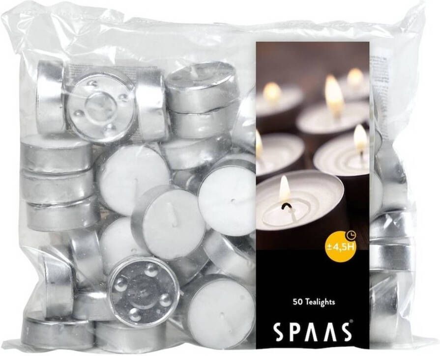 Candles by Spaas 50x Witte theelichtjes waxinelichtjes 4 5 branduren in zak Geurloze kaarsen Waxinelichtjes