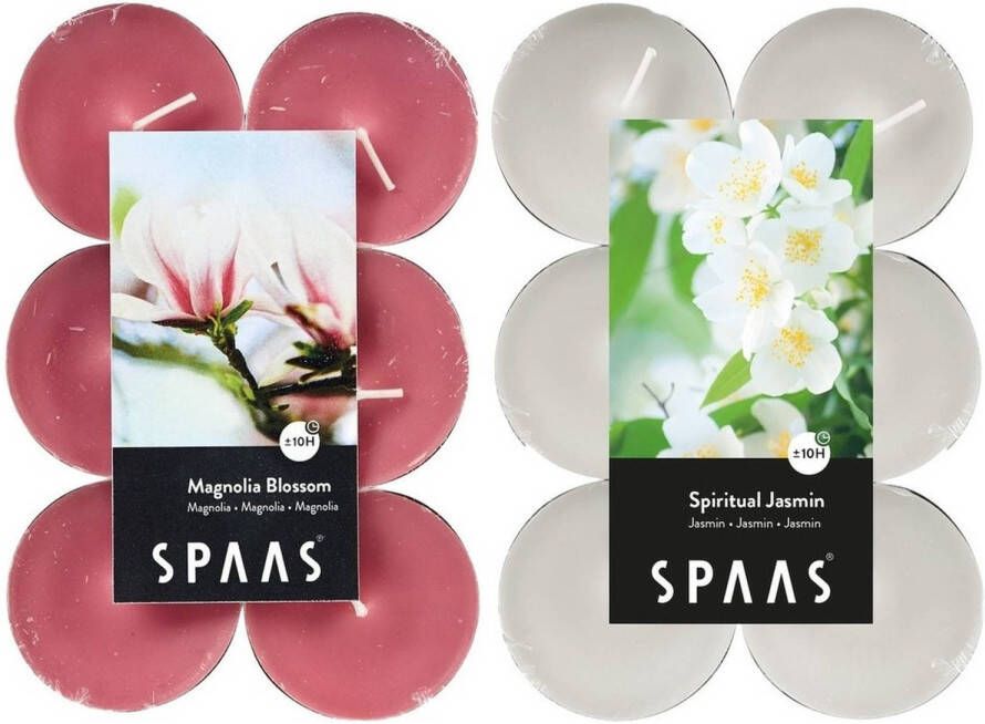 Candles by Spaas geurkaarsen 24x stuks in 2 geuren Jasmin en Magnolia Flowers geurkaarsen