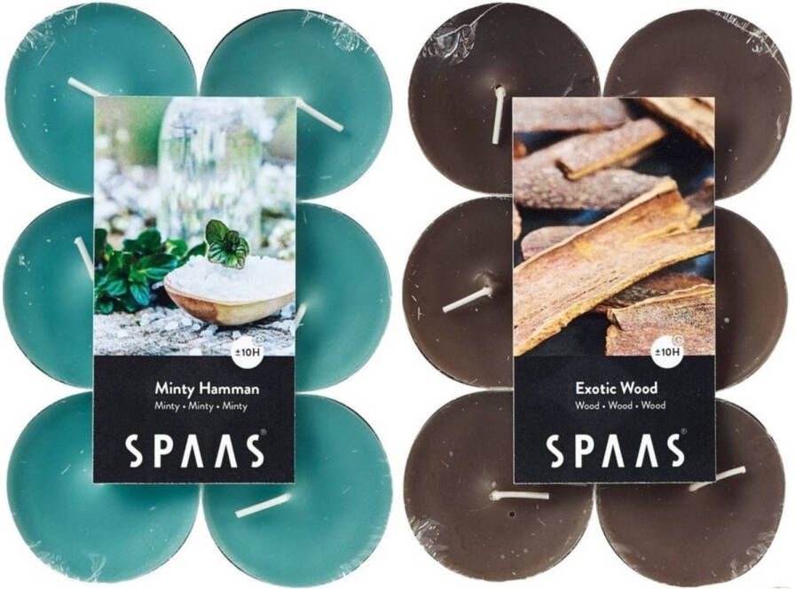 Candles by Spaas geurkaarsen 24x stuks in 2 geuren Mint en Exotic wood geurkaarsen