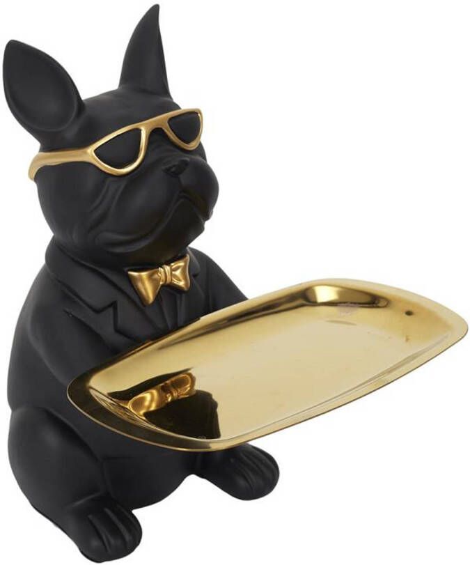 CASA DI ELTURO Beeld Bulldog Zwart met Goudkleurige dienblad H21 cm