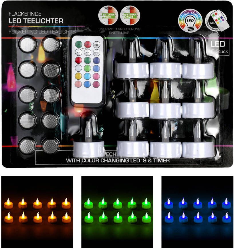 Cepewa 10x LED theelichtjes waxinelichtjes multikleur 3 5 cm inclusief afstandsbediening LED kaarsen