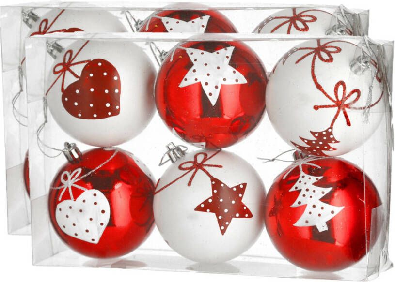 Cepewa 12x stuks gedecoreerde kerstballen rood en wit kunststof 6 cm Kerstbal