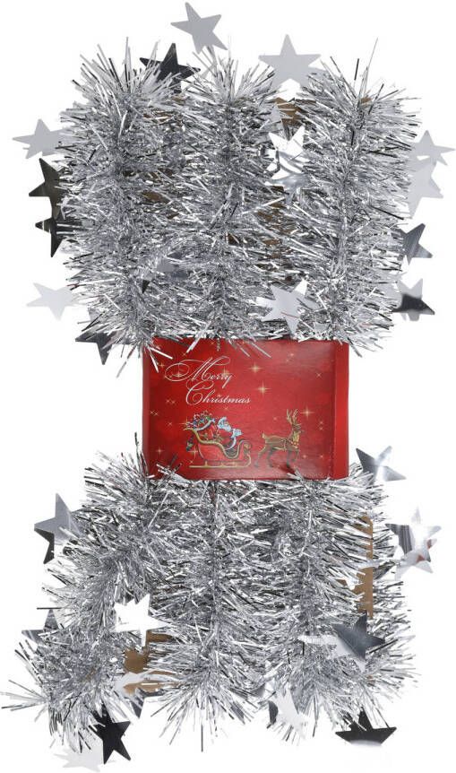 Cepewa 1x stuks lametta kerstslingers met sterretjes zilver 200 x 6 5 cm Kerstslingers