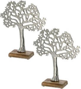 Cepewa 2x Stuks decoratie levensboom van aluminium op houten voet 25 cm zilver Tree of life Beeldjes