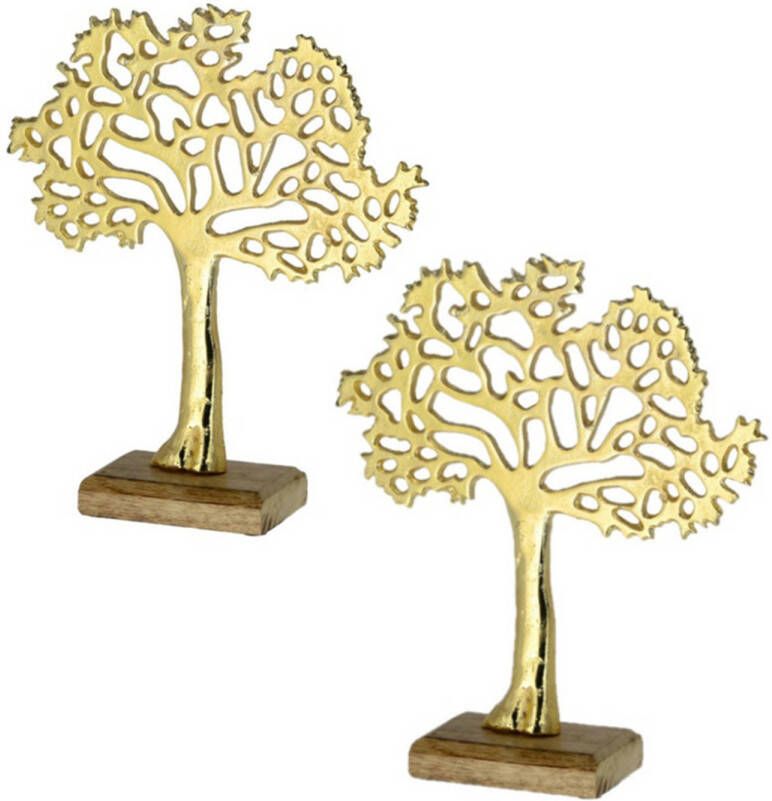 Cepewa 2x Stuks decoratie levensboom van aluminium op houten voet 30 cm goud Tree of life Beeldjes