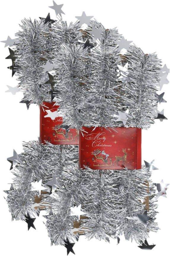 Cepewa 2x stuks lametta kerstslingers met sterretjes zilver 200 x 6 5 cm Kerstslingers