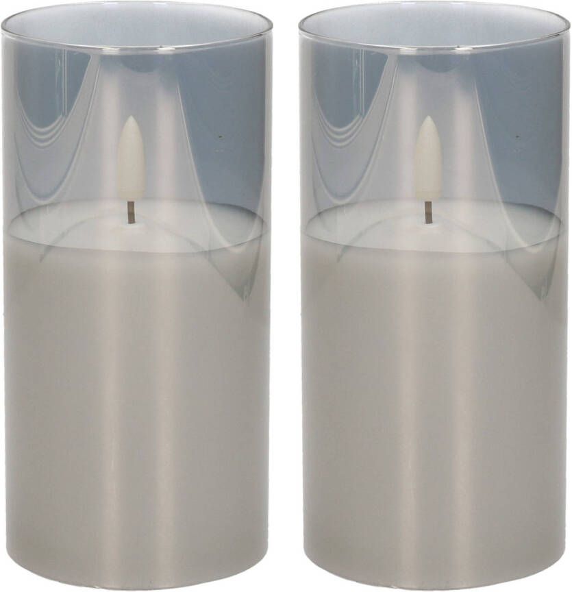 Cepewa 2x stuks luxe led kaarsen in grijs glas D7 5 x H15 cm met timer LED kaarsen