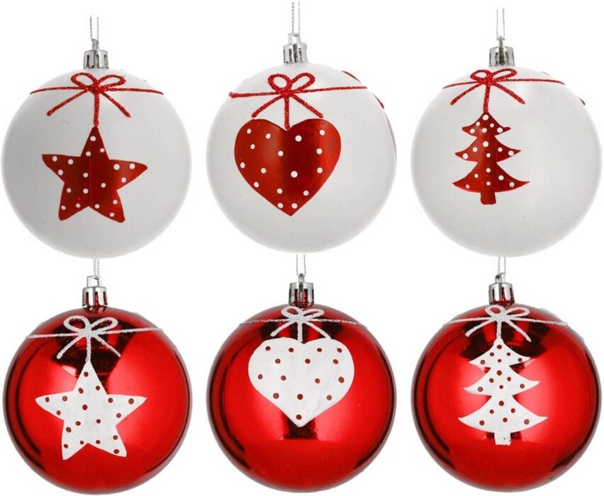 Cepewa 6x stuks gedecoreerde kerstballen rood en wit kunststof 6 cm Kerstbal