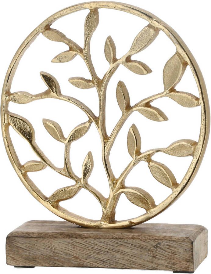 Cepewa Decoratie levensboom rond van aluminium op houten voet 20 cm goud Tree of life Beeldjes